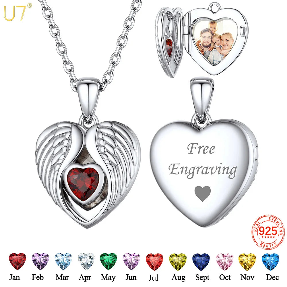 Personalized Angel Wings Heart Locket Necklace - 925 Silver with Custom Photo Engraving